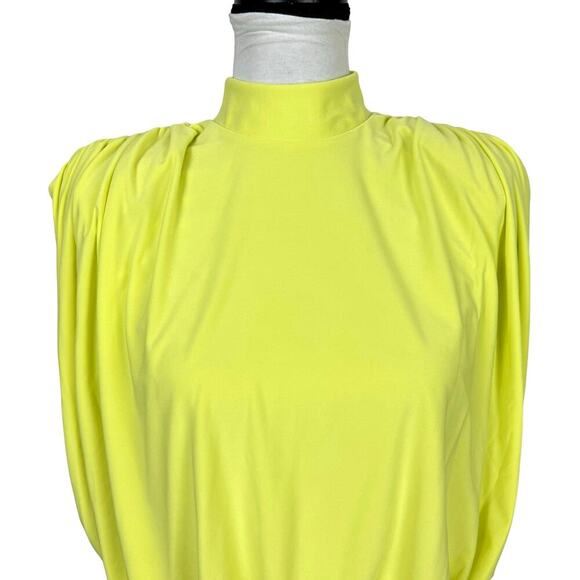 Express Neon Yellow Draped Mock Neck Open Back Thong Bodysuit w Shoulder Pads - Picture 8 of 12
